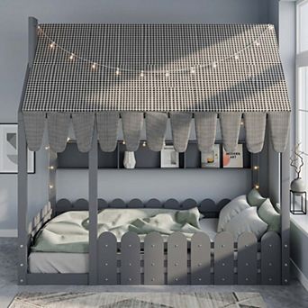 Sailvan Full Size Montessori House Bed for Kids, Floor Bed with Fence Railings, Slats not included
