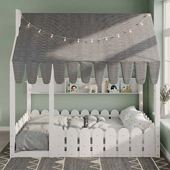 Sailvan Full Size Montessori House Bed for Kids, Floor Bed with Fence Railings, Slats not included