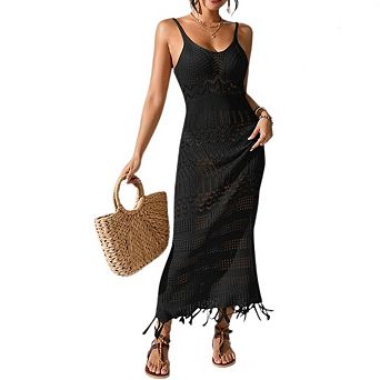 Women's Summer Crochet Knit Long Dresses Sleeveless Tassel Hem Beach Vacation Cami Dress