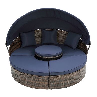 Eazegath Outdoor Wicker Round Sectional Sofa Bed Canopy Sunbed with Lift Coffee Table and Cushions