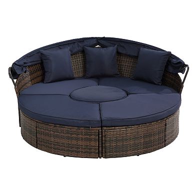 Eazegath Outdoor Wicker Round Sectional Sofa Bed Canopy Sunbed with Lift Coffee Table and Cushions