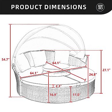 Eazegath Outdoor Wicker Round Sectional Sofa Bed Canopy Sunbed with Lift Coffee Table and Cushions