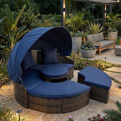 Eazegath Outdoor Wicker Round Sectional Sofa Bed Canopy Sunbed with Lift Coffee Table and Cushions