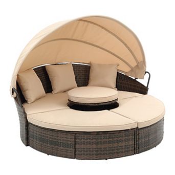 Eazegath Outdoor Wicker Round Sectional Sofa Bed Canopy Sunbed with Lift Coffee Table and Cushions