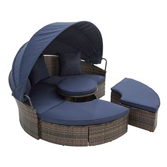 Eazegath Outdoor Wicker Round Sectional Sofa Bed Canopy Sunbed with Lift Coffee Table and Cushions