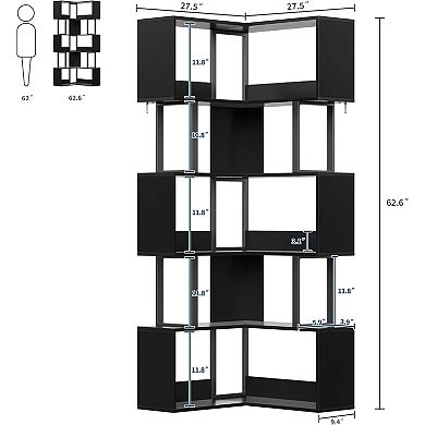 Large Corner Bookshelf, Tall Metal Wooden Rack 6 Tiers