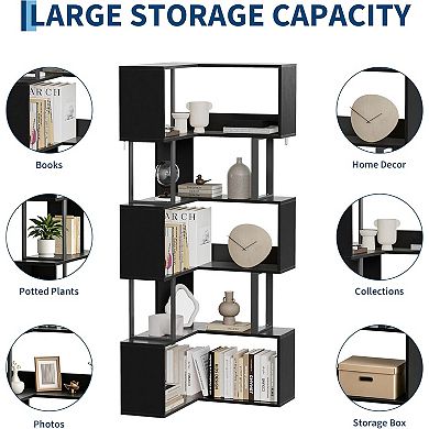 Large Corner Bookshelf, Tall Metal Wooden Rack 6 Tiers