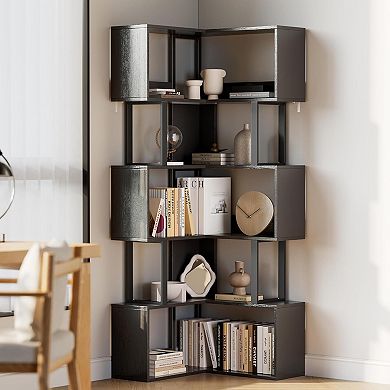 Large Corner Bookshelf, Tall Metal Wooden Rack 6 Tiers