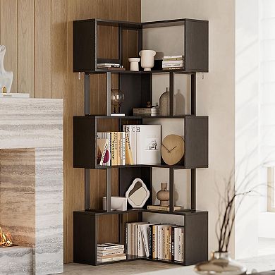 Large Corner Bookshelf, Tall Metal Wooden Rack 6 Tiers