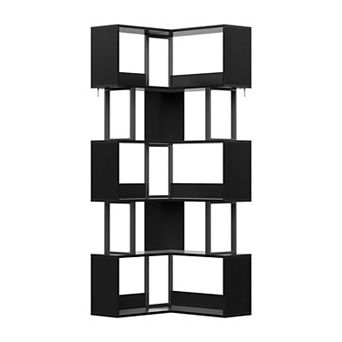 Large Corner Bookshelf, Tall Metal Wooden Rack 6 tier