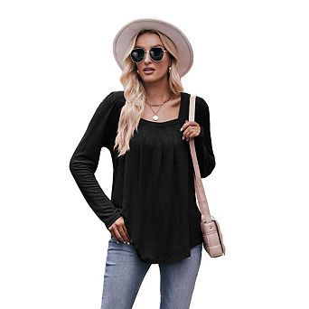 Women's Square Neck Pleated Long Sleeve T-Shirt, Casual Loose Fit Blouse