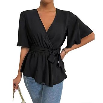 Women's Casual Peplum Top V-Neck Wrap Blouse with Tie Waist and Flutter Sleeves