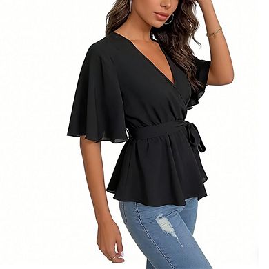 Women's Casual Peplum Top V-Neck Wrap Blouse with Tie Waist and Flutter Sleeves