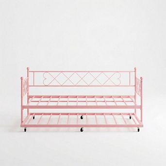Heart-Shaped Headboard Twin Metal Daybed with Trundle, for Living Room, Bedroom, Guest Room