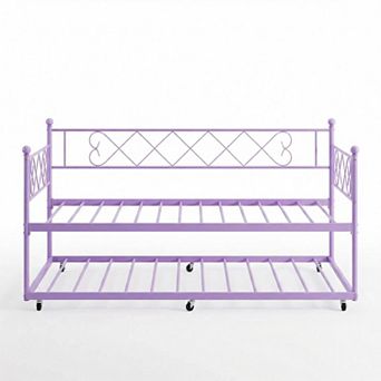 Heart-Shaped Headboard Twin Metal Daybed with Trundle, for Living Room, Bedroom, Guest Room