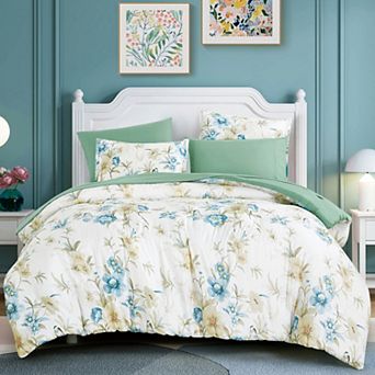 Blue and Green Floral Comforter Set with Sheets
