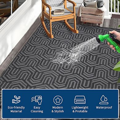 Modern Outdoor Plastic Mat, Geometric Striped Rug, Easy Care Portable Low Pile Carpet