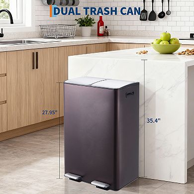Large Capacity Dual Compartment Kitchen Trash Can, Stainless Steel, Removable Buckets