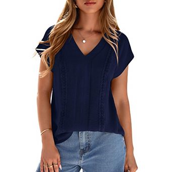Women's Ruched Lace Trim V Neck Shirt Short Sleeve Summer Casual Blouse Loose Fit Boho Top