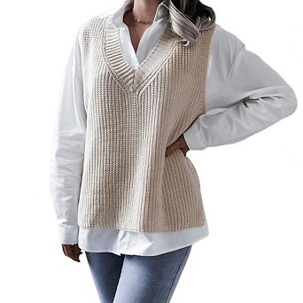 Women's V-Neck Loose Knit Sweater Vest, Casual Sleeveless Knit Tank Top