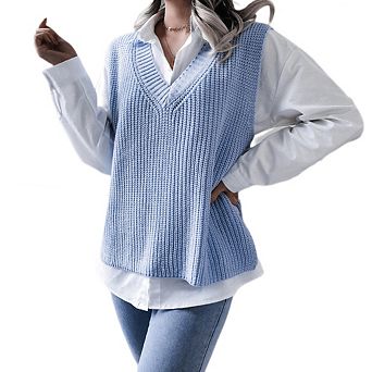 Women's V-Neck Loose Knit Sweater Vest, Casual Sleeveless Knit Tank Top