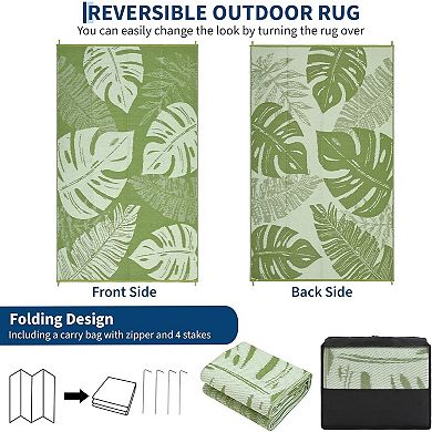 Outdoor Rug Waterproof Patio Rugs Modern Leaf Print Reversible Mat