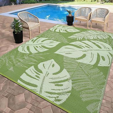Outdoor Rug Waterproof Patio Rugs Modern Leaf Print Reversible Mat