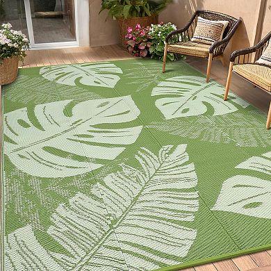 Outdoor Rug Waterproof Patio Rugs Modern Leaf Print Reversible Mat