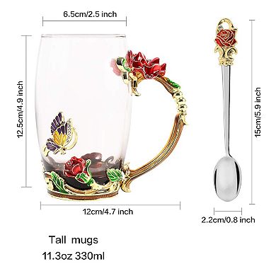 12oz Enamel Glass Tea Cup Spoon Gift Set Butterfly Flower Rose Mother's Day gift
