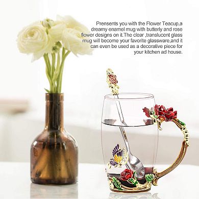 12oz Enamel Glass Tea Cup Spoon Gift Set Butterfly Flower Rose Mother's Day gift