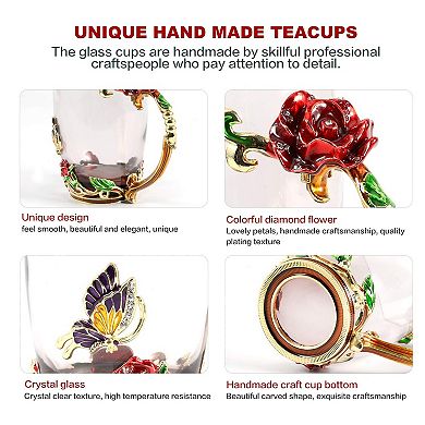 12oz Enamel Glass Tea Cup Spoon Gift Set Butterfly Flower Rose Mother's Day gift