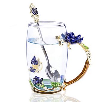 12oz Enamel Glass Tea Cup Spoon Gift Set Butterfly Flower Rose Mother's Day gift