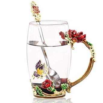 12oz Enamel Glass Tea Cup Spoon Gift Set Butterfly Flower Rose Mother's Day gift