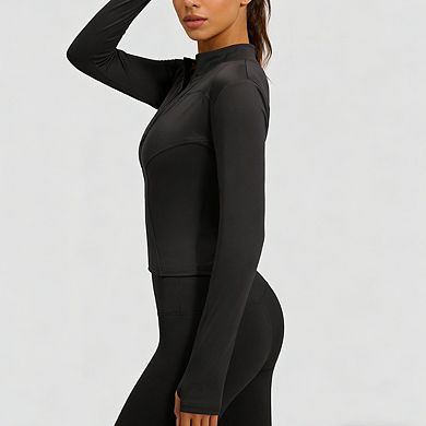 Women’s Full-Zip Cropped Workout Jacket Slim Fit Long Sleeve Athletic Top Soft Yoga Jacket
