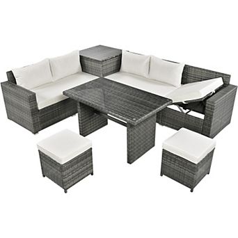 Eazegath 6 pc Outdoor Wicker L-Shaped Sectional Sofa Set with Storage Box and Dining Table