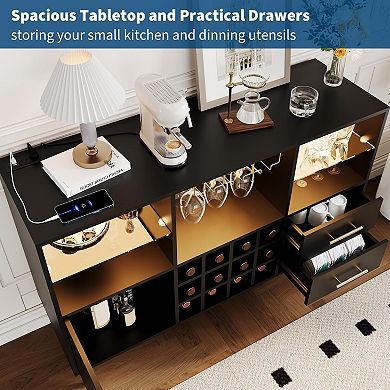 47in Wine Cabinet, Coffee Bar Station with LED Lights,Charging Station, Wine Rack, Storage Drawers