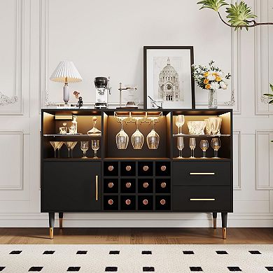 47in Wine Cabinet, Coffee Bar Station with LED Lights,Charging Station, Wine Rack, Storage Drawers