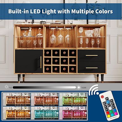 47in Wine Cabinet, Coffee Bar Station with LED Lights,Charging Station, Wine Rack, Storage Drawers