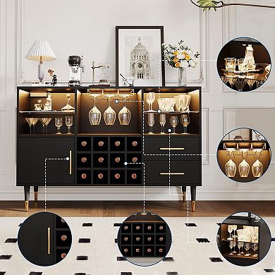 47in Wine Cabinet, Coffee Bar Station with LED Lights,Charging Station, Wine Rack, Storage Drawers