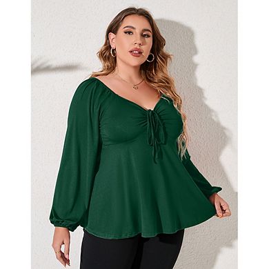 Women Casual Top Plus Size Long Sleeve V-Neck Drawstring Ruched Lantern Blouse