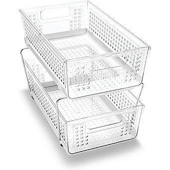 2 tier Under Cabinet Pull-Out Organizer, Clear Adjustable Storage Drawers