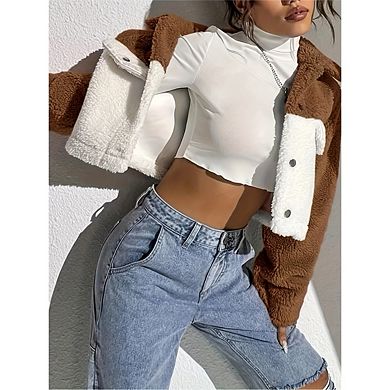 Women's Long Sleeve Fleece Jacket Dropped Shoulder Button Front Sherpa Lined Winter Coat