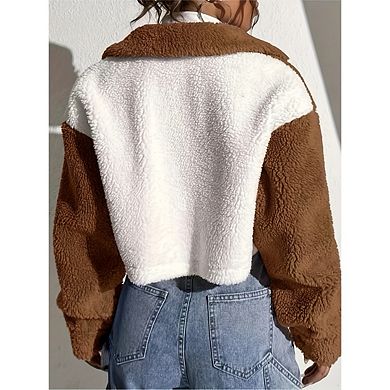 Women's Long Sleeve Fleece Jacket Dropped Shoulder Button Front Sherpa Lined Winter Coat