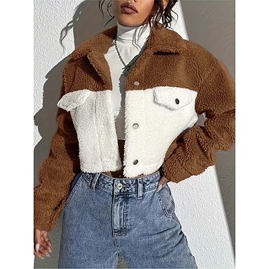 Women's Long Sleeve Fleece Jacket Dropped Shoulder Button Front Sherpa Lined Winter Coat