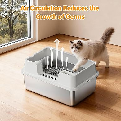 Enclosed Stainless Steel Cat Litter Box with Lid, High-Sided for Big Cats, Include Scoop, Easy Clean