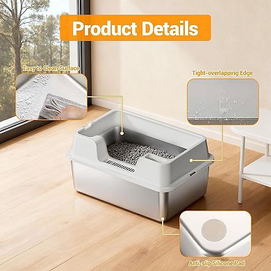 Enclosed Stainless Steel Cat Litter Box with Lid, High-Sided for Big Cats, Include Scoop, Easy Clean