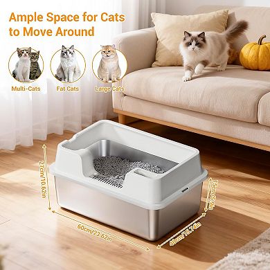 Enclosed Stainless Steel Cat Litter Box with Lid, High-Sided for Big Cats, Include Scoop, Easy Clean