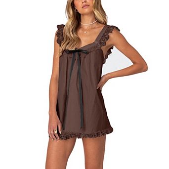 Women's Lace Trim Baby Doll Dresses Square Neck Sleeveless Bow Tie Front Casual Short Sundress
