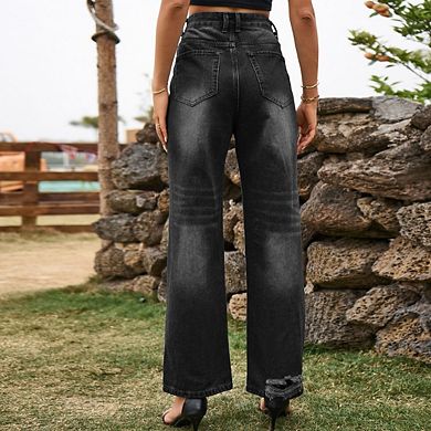 Women's Ripped Jeans High Waisted Distressed Loose Fitting Straight Leg Wide Leg Pants