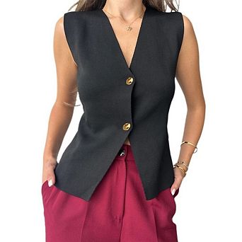 Womens Sleeveless Knit Vest V Neck Button Down Crop Tank Top Summer Waistcoat Cardigan